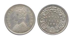 Queen Victoria, Silver, 2 Annas, 1862. Proof, Rare.