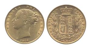 Australia, Gold, Sovereign, Shield on rev, 1875, Sydney Mint, 8.0 g (KM# 6). Very Fine.
