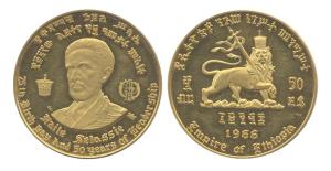Ethiopia, Gold, 20 g, 50 Dollars, 1966, 75th Birthday and 50th Jubilee of his Reign (KM# 4