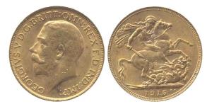 Great Britain, George V, Gold, Sovereign, 1915. About UNC.