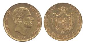 Spain, Alphonso XII, Gold, 8.0645 g, 25 Pesetas, 1881 (KM# 687). About Extremely Fine.