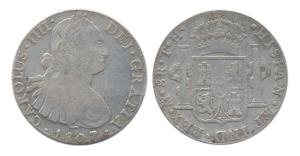 Spain, Carlos IV, Silver, 8 Reales, 1807. Very Fine.