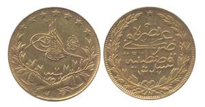 Turkey, Muhammad V, Gold, 7.2 g, AH 1327/7. Very Fine+.