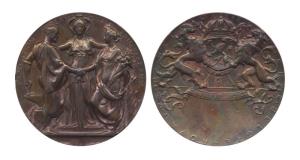 International Exposition Brussels 1897, 3 figures on the obverse with coat of arms on the 