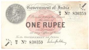 British India, George V, Rupee 1, 1st issue, 1917, signed M. M. S. Gubbay, (Jhun #1.1B). L