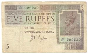 British India, George V, Rupees 5, 1st issue, 1925, signed J. B. Taylor, (Jhun# 4.1A). Fin