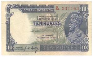 British India, George V, Rupees 10, 3rd issue, 1933, signed J. W. Kelly, (Jhun #8.2). Abou