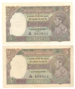 British India, George VI, Rupees 5, 1st issue, 1938 & 1944, signed J. B. Taylor & C. D. De