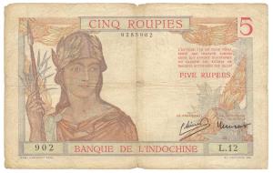 French India, Banque De L’Indochine, Rupees 5, Pondichery, (Jhun# 2.2). Fine+, Rare.