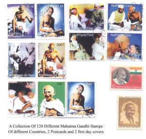 A collection of 120 different Mahatma Gandhi Stamps of different countries, 2 postacrds an