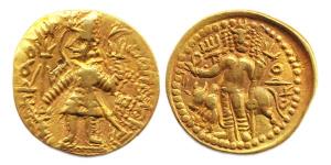 Kushanas, Vasudeva, Gold, 7.82 g, Dinar, Shiva and Nandi type, king standing frontally, fa
