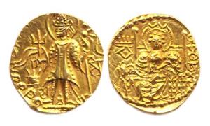 Later Kushanas, Vasudeva II, Gold, 7.95 g, Dinar, Ardoxo type, king standing frontally, fa