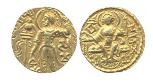 Guptas, Samudragupta, Gold, 7.66 g, Dinar, Standard type, king standing with a Standard (D