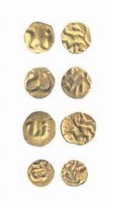 Shilaharas of Kolhapur, Gold (4), ¼ Fanam, 0.12 g each, a Sarpa-dhari Garuda running to ri