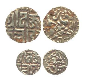 Kalachuris of Ratnapura, Jajjaladeva, Gold (2), 3.76 and 0.93 g, Gaja-Shardula type, Nagar