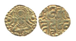Chandellas, Kirti Varman, Gold, seated Lakshmi on obv; Nagari legend on rev. Very Fine+, S