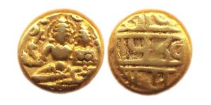 Vijayanagara, Devaraya I, Gold, 3.38 g, Pagoda, Uma-Maheshwara seated on obv; Nagari legen