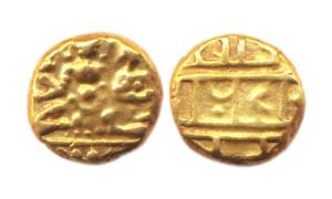 Vijayanagara, Hari Hara II, Gold, 1.69 g, ½ Pagoda, Uma-Maheshwara seated on obv; Nagari l