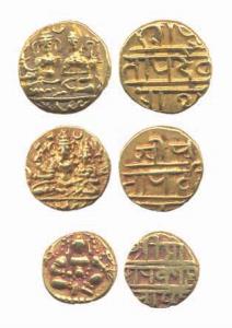 Vijayanagara, Gold (3), Pagoda, Devaraya I; ½ Pagoda (2), Hari Hara II and Durgi ½ Pagoda.