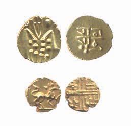 Tanjore Fanams, Gold (2), Nayaks of Tanjore, Raja Ram type, Sarabhi Fanam. Both about UNC.