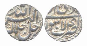 Akbar, Silver, Rupee, Lahore mint, Allahu Akbar type, Di, Ilahi 41 (KM 93.11). Very Fine, 