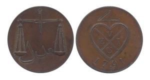 Double Pice, Copper, milled coinage, 1791, bale mark on obv (KM# 196). Proof, Very Rare.