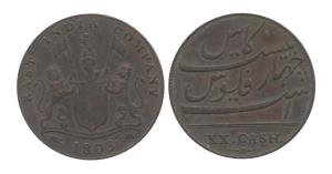 Copper, XX Cash, 1803, arms on obv, Persian and Roman legends on rev. About Very Fine+, Sc