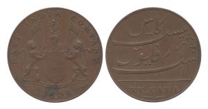 Copper, XX Cash, 1808, arms on obv, Persian and Roman legends on rev. Very Fine+, Scarce.