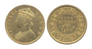 Victoria Queen, Gold, 5 Rupees, 1870. About Extremely Fine, Very Rare.