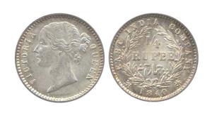 Victoria Queen, Silver, ¼ Rupee, Divided legend type, 1840. About UNC, Scarce.