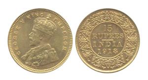 George V, Gold, 15 Rupees, 1918. About Extremely Fine, Very Rare.