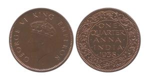George VI, Copper, ¼ Anna, 1938. Proof. Very Rare.