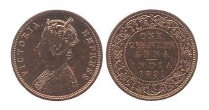 Victoria Empress, Copper, ¼ Anna, 1891. Bombay mint, obv type B, rev type 1. (Prid #645). 