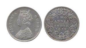 Victoria Queen, Silver, 2 Annas, 1877. Mule, obv type A, rev type I. Not reported in Pridm
