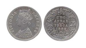 Victoria Empress, Silver, 2 Annas, 1882. Calcutta mint, obv type B, rev type II. (Prid #49