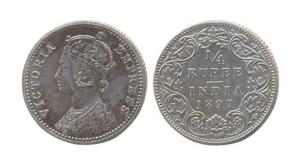 Victoria Empress, Silver, ¼ Rupee, 1897. Bombay mint, obv type C, rev type I. (Prid #430).