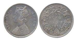 Victoria Queen, Silver, Rupee, 1862. Calcutta Mint, obv type B, rev type II. (Prid #54). P