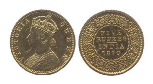 Victoria Queen, Gold, Rupees 5, 1870. (Prid #37). Proof, minor scratches on obverse & reve