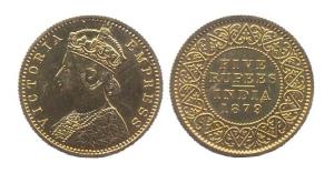 Victoria Empress, Gold Rupees 5, 1879. Mule. (Prid #45). Proof, hairline scratches on obve