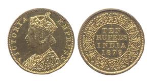 Victoria Empress, Gold, Rupees 10, 1879. (Prid #35). Proof, hairline scratches on obverse,