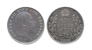 Edward VII, Silver, 2 Annas, 1910. (Prid #563). Proof, hairline scratches on obverse, Scar