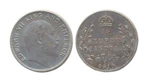 Edward VII, Silver, ¼ Rupee, 1910. (Prid #439). Proof, Scarce.
