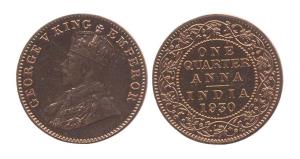 George V, Copper, ¼ Anna, 1930. Bombay mint. (Prid #682). Proof, few black spots on obvers
