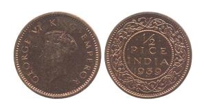 George VI, Copper, ½ Pice, 1939. Bombay Mint. (Prid #773). Proof, black stain on the obver