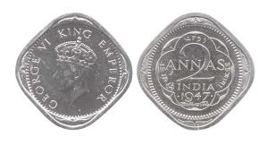 George VI, Cupro-Nickel, 2 Annas, 1947, Bombay Mint. Mule, obv of 1939 (T1) and rev of 194