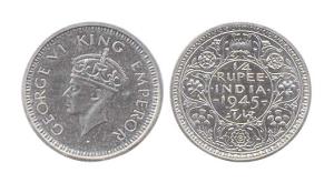 George VI, Silver, ¼ Rupee, 1945, Bombay Mint. Large 5, security edge. (Prid #470). Proof,