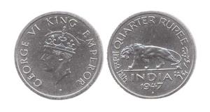 George VI, Nickel, ¼ Rupee, 1947, Bombay Mint value written in Devnagri and Urdu. (Prid #8