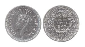 George VI, Silver, ½ Rupee, 1945, Bombay Mint, security edge. (Prid #361). Proof, Scarce.