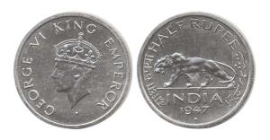 George VI, Nickel, ½ Rupee, 1947, Bombay Mint, value written in Devnagri and Urdu. (Prid #