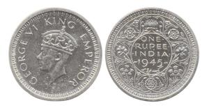 George VI, Silver, Rupee, 1945, Bombay Mint. Large 5, security edge. (variant of Prid #470